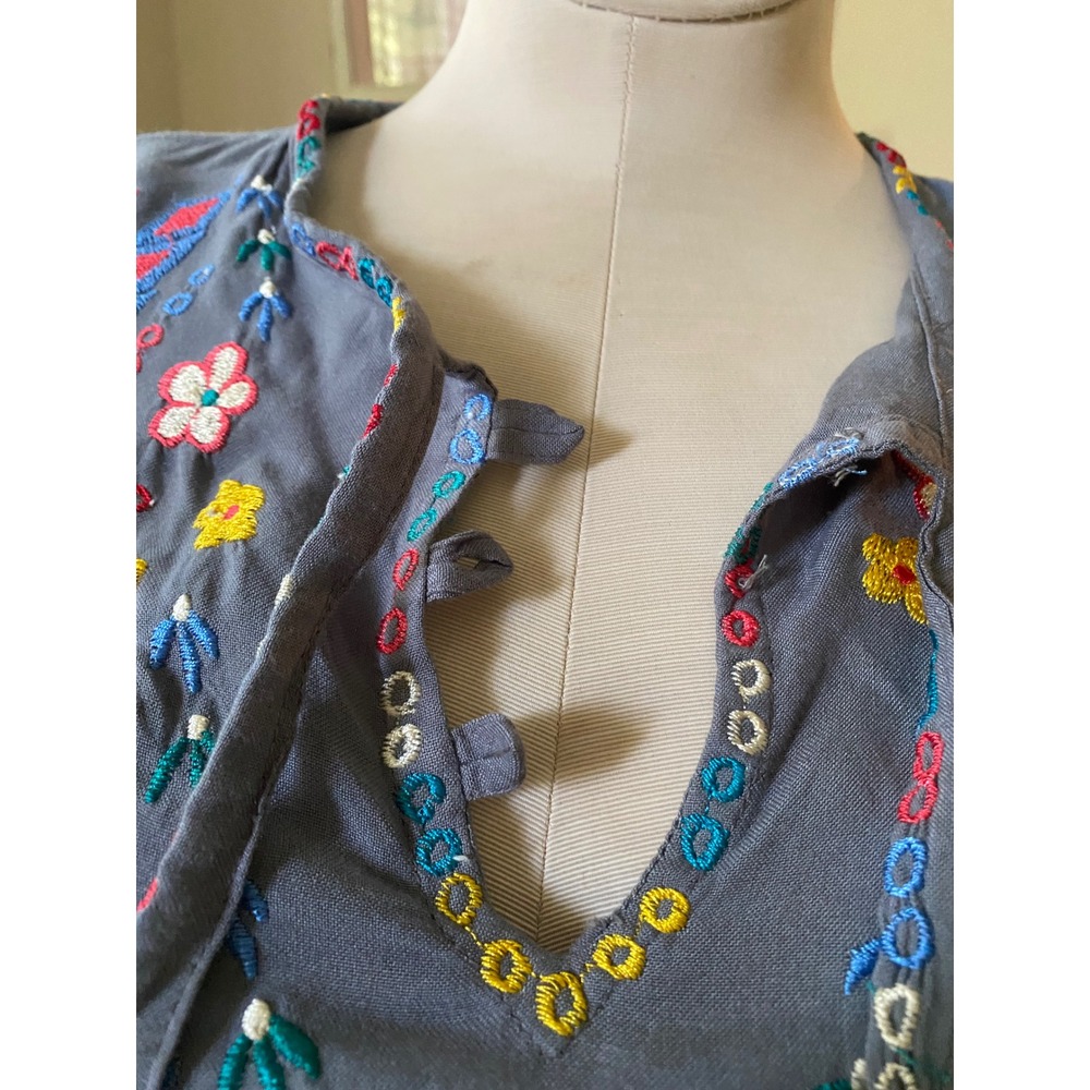 Luv 2‎ Luv Womens XL Blue Floral Embroidered Boho Tunic Top Long Sleeve Tie Neck - Picture 4 of 9